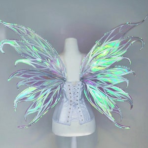 May include: A pair of iridescent fairy wings with a white, lace-up corset. The wings are made of a translucent material with a holographic finish.