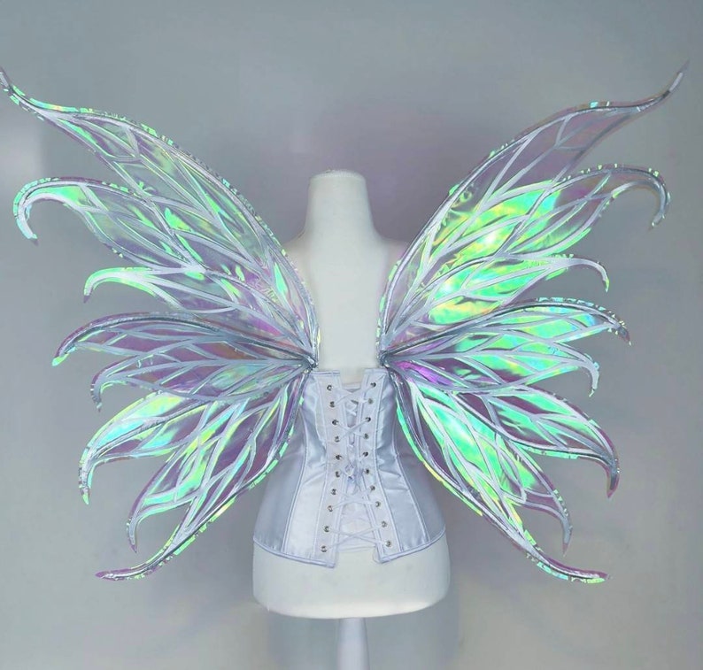 May include: A pair of iridescent fairy wings with a white, lace-up corset. The wings are made of a translucent material with a holographic finish.