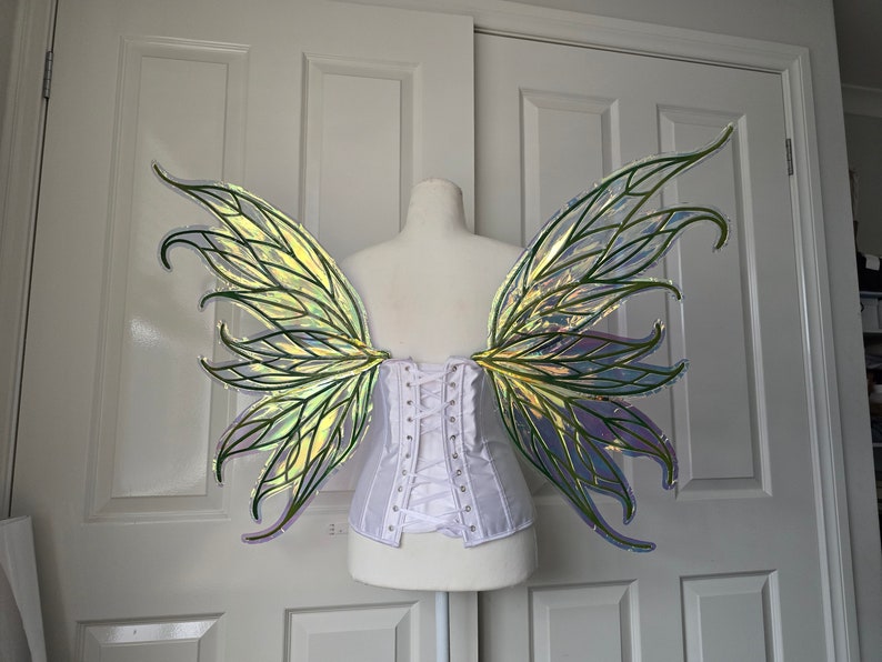 May include: A pair of iridescent fairy wings with a green and blue color scheme. The wings are attached to a white corset.