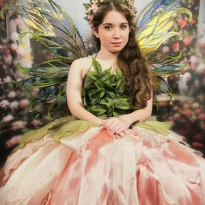May include: A young person wearing a pink and green fairy costume with iridescent wings and a flower crown. The costume features a flowing skirt and a bodice with green leaves.