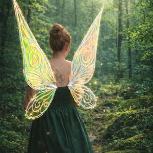 May include: A person wearing a dark green dress and iridescent fairy wings stands in a sunlit forest. The wings have a white outline with yellow, green, and orange details. The forest is lush with green foliage and moss.