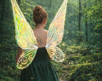 May include: A person wearing a dark green dress and iridescent fairy wings stands in a sunlit forest. The wings have a white outline with yellow, green, and orange details. The forest is lush with green foliage and moss.