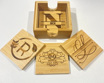Custom Laser Engraved Bamboo Wood Coasters- Set of 4