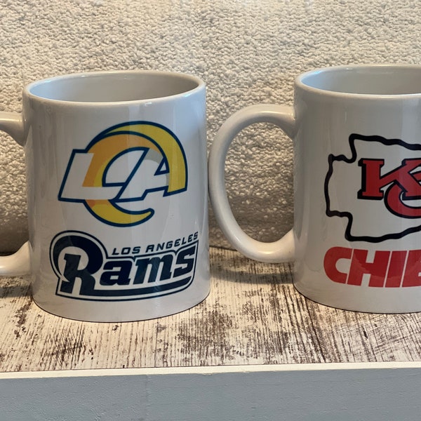 PERFECT Football N-F-L FAN Gift, 15 oz White Ceramic Coffee/Tea Cup, Pick a Team Logo for the front and back.  Message me for any changes.