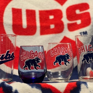 PERFECT Cubs Fan GIFT, Pint Glass, or Blue or Clear Stemless Wine, Choice of 2 logos, Personalization Optional