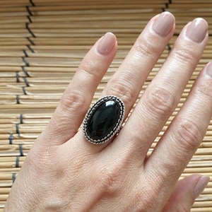 Oval Black Onyx Statement Ring, 925 Sterling Silver, Victorian Boho Style