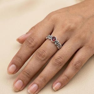 Sterling Silver Floral Ruby Ring, Dainty Red Gemstone Band, Vintage Stackable Jewelry