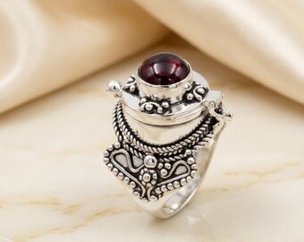 Bague poison grenat, boîte à secrets plaquée argent sterling oxydé