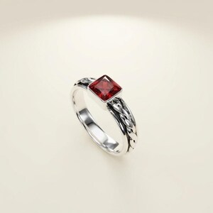 Square Cut Ruby Ring, Sterling Silver Band, Dainty Stackable, July Birthstone (Handmade)