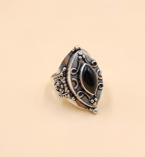 Black Onyx Marquise Poison Ring 925 Sterling Silver Locket Ring, Vintage Boho Statement Ring, Handmade Gothic Jewelry