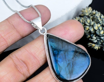 Collier labradorite : pendentif bleu, argent sterling 925, cadeaux bijoux