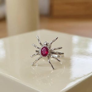 Sterling Silver Spider Ring with Red Ruby Gemstone, Gothic Jewelry