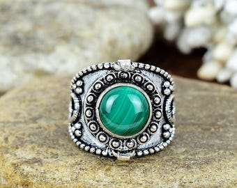 Sterling Silver Malachite Poison Ring | Handmade Locket, Boho Gothic