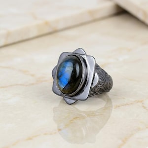 Oval Labradorit Statement Ring, Sterling Silber Boho Edelstein Schmuck