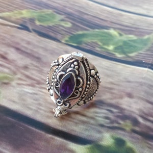 Natural Amethyst|Unique Ring|Locket Ring|Secret Compartment|Boho Hippie|Black Oxidized Plated Ring|Fancy Design Ring