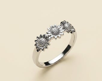 Sterling Silver Sunflower Band Ring, Dainty Floral Nature Jewelry