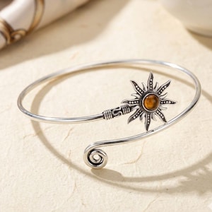 Sterlingzilveren zonmanchetarmband, boho tijgeroogarmband, verstelbare open armband