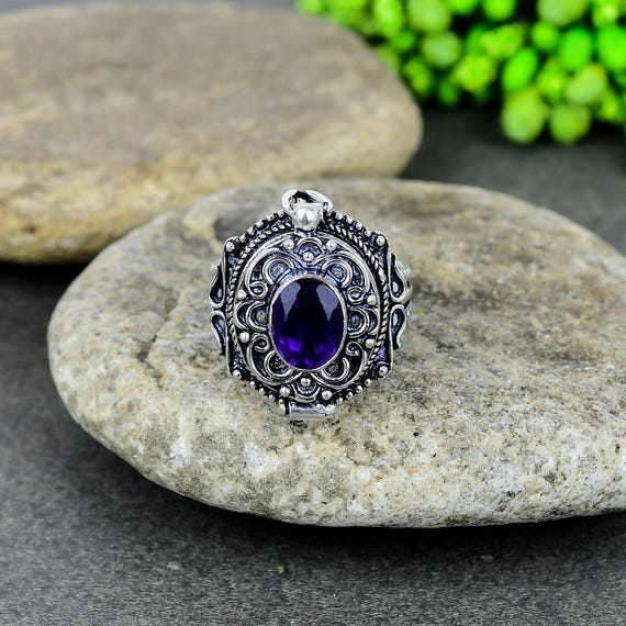 Vintage Amethyst Locket Ring Sterling Silver Poison Ring Boho