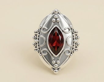 Garnet Marquise Poison Ring 925 Sterling Silver Locket Ring, Vintage Statement Ring, Deep Red Gemstone Ring, Boho Handmade Jewelry Gifts