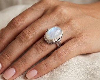Handmade Oval Moonstone Ring: 925 Sterling Silver Boho Statement