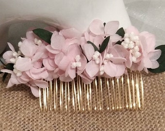 Peigne véritables fleurs stabilisées, fleurs hortensia rose pale, ROBY, bijoux mariage, coiffure mariage champêtre, fête des mères