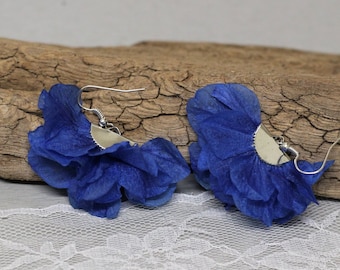 Boucles d'oreilles éventail, véritables fleurs stabilisées, fleurs hortensia bleu, MARINE, mariage champêtre, cadeau saint valentin