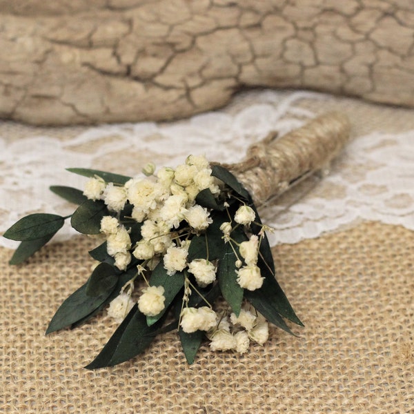 Boutonnière mariage, mini bouquet, broche fleurs stabilisées, fleurs séchées, boutonnière homme, gypsophile blanc