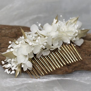 Wedding hair comb, golden and white, comb dried flowers, stabilized, country wedding hairstyle, boho wedding, dried flowers