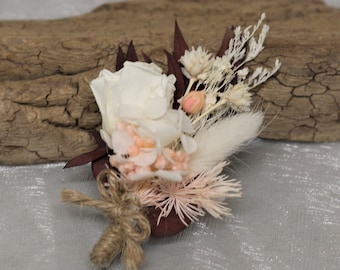 Boutonnière fleurie, broche fleurs, fleurs stabilisées, rose blanche, NOEMIE, marié, mariage bohème, cadeau témoin, garçon d'honneur