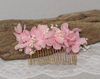 Peigne cheveux à fleurs stabilisées, peigne chignon, coiffure mariage, fleurs hortensia rose, " KALISTA " mariage bohème, mariage romantique