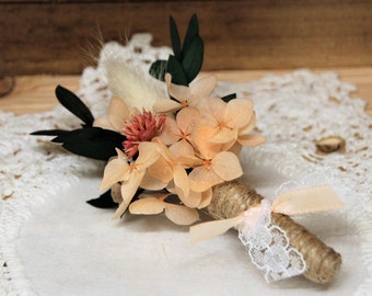 Boutonnière véritables fleurs stabilisées et séchées, broche, mariage champêtre, mariage bohème, romantique, tons pêche