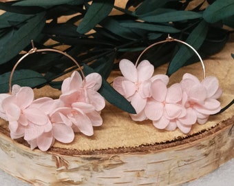 Earrings, large hoops, real stabilized flowers, pink hydrangea flowers, KATE, country wedding, Valentine's Day gift