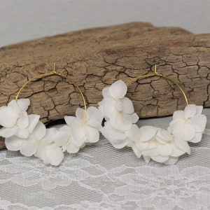 Earrings, large creoles, real preserved flowers, white hydrangea flowers, KATE, country wedding, Valentine's Day gift image 7