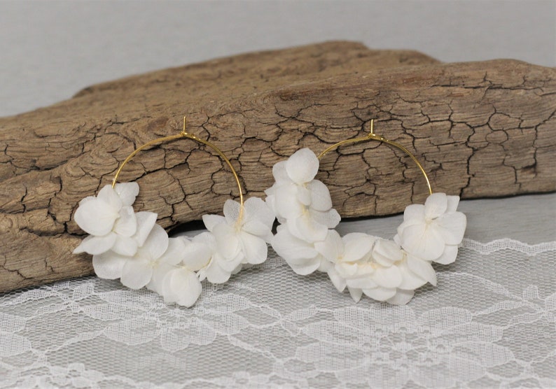 Earrings, large creoles, real preserved flowers, white hydrangea flowers, KATE, country wedding, Valentine's Day gift image 7