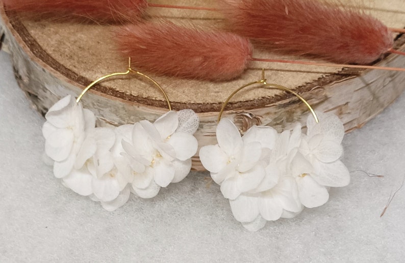 Earrings, large creoles, real preserved flowers, white hydrangea flowers, KATE, country wedding, Valentine's Day gift image 8