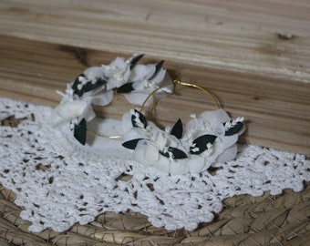 Boucles d'oreilles, grosses créoles, véritables fleurs stabilisées, fleurs hortensia blanche, mariage champêtre, cadeau témoins