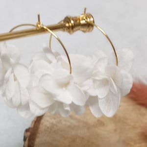 Earrings, large creoles, real preserved flowers, white hydrangea flowers, KATE, country wedding, Valentine's Day gift image 10