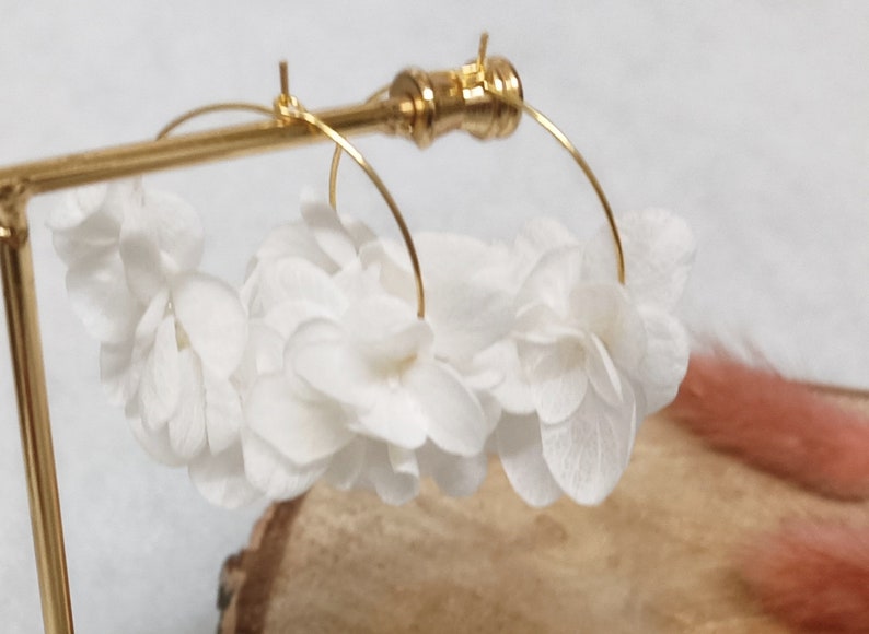 Earrings, large creoles, real preserved flowers, white hydrangea flowers, KATE, country wedding, Valentine's Day gift image 10