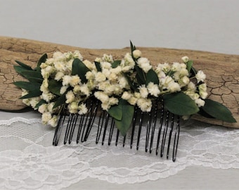 Peigne cheveux, fleurs stabilisées, gypsophile blanc, MILY, coiffure mariage bohème, coiffure mariage champêtre, mariage romantique