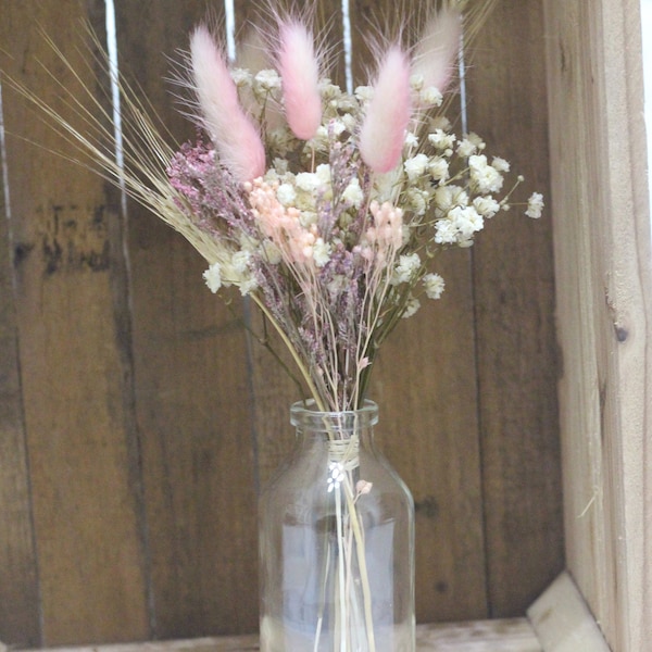 Bouquet fleurs séchées avec vase en verre, composition florale, déco maison, déco mariage, centre de table champêtre, boho