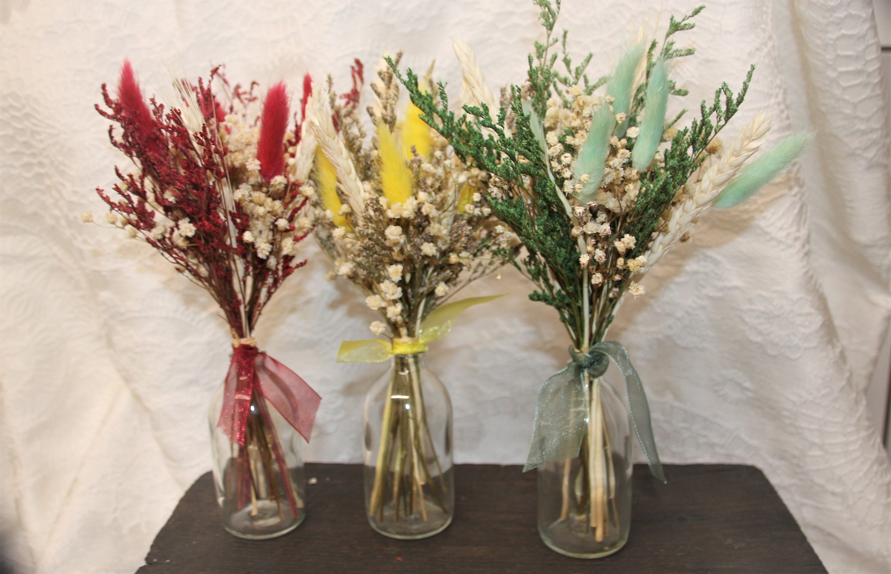 Bouquet Fleurs Séchées avec Vase en Verre, Composition Florale, Déco Maison, Mariage, Centre de Tabl