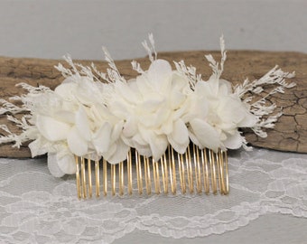 Peigne cheveux mariage, fleurs stabilisées, fleurs hortensia blanche, MELODY, coiffure mariage champêtre, mariage bohème, fleurs séchées