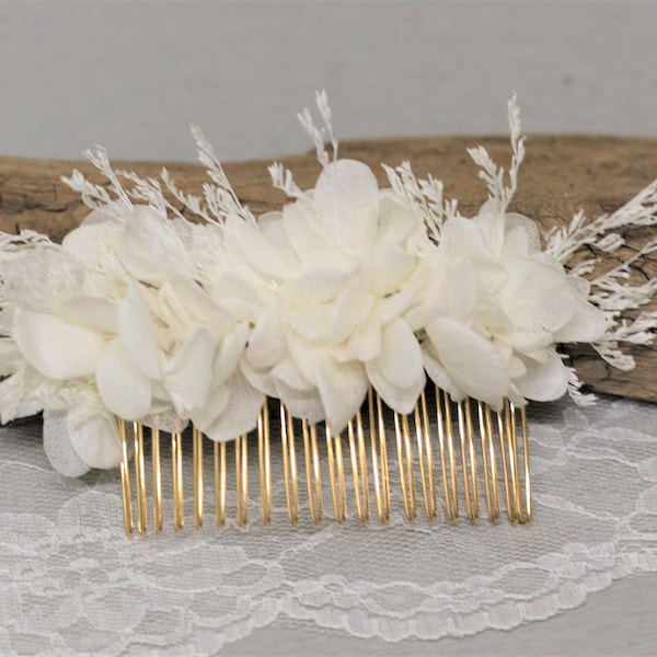 Peigne cheveux mariage, fleurs stabilisées, fleurs hortensia blanche, MELODY, coiffure mariage champêtre, mariage bohème, fleurs séchées