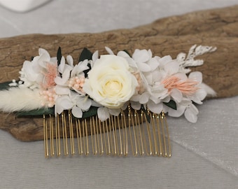 Peigne à cheveux fleurs, véritables fleurs stabilisées, rose blanche, coiffure mariage bohème, coiffure romantique ou champêtre