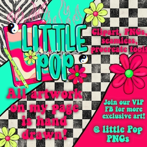 May include: A digital graphic featuring the text Little Pop Designs with a tablet, a stylus, and flowers. The background includes black and white checkerboard and zebra patterns. Additional text reads Clipart, PNGs, seamless, procreate tools, and Join our VIP FB for more exclusive art! @ little Pop PNGs. All artwork on my page is hand drawn!