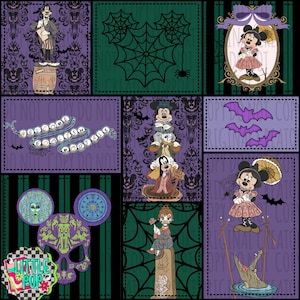 May include: A fabric panel featuring Disney characters in a Halloween theme. Designs include Goofy on a barrel, Mickey and friends stacked, Minnie with a parasol, a skull with clock and face motifs, and text reading Welcome Foolish Mortals.