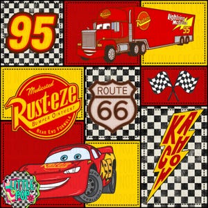 May include: A digital collage featuring Lightning McQueen, a red semi-truck with a Rust-eze logo, a Route 66 sign, two checkered flags, a yellow lightning bolt with the text KACHOW, the number 95, and a Rust-eze bumper ointment logo.