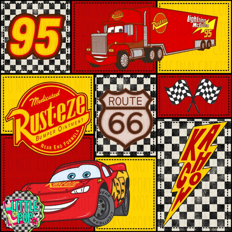 May include: A digital collage featuring Lightning McQueen, a red semi-truck with a Rust-eze logo, a Route 66 sign, two chequered flags, a yellow lightning bolt with the text KACHOW, the number 95, and a Rust-eze bumper ointment logo.