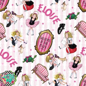 May include: A repeating pattern featuring illustrations of a blonde girl in various poses, a pug, a green turtle with a pink bow, a pink striped sofa, and a black shoe. The text reads ELOISE, WELCOME TO THE PLAZA, and LITTLE POP on a pink striped background.