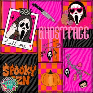 Könnte beinhalten: Eine digitale Collage mit Ghostface-Motiven auf rosa-orangefarbenen Schachbrett- und Zebramustern. Zu den Elementen gehören ein Polaroid mit dem Text 'call me...', ein Messer, eine Sicherheitsnadel mit Anhängern, ein Kürbis sowie der Text 'GHOSTFACE' und 'SPOOKY ZN'.